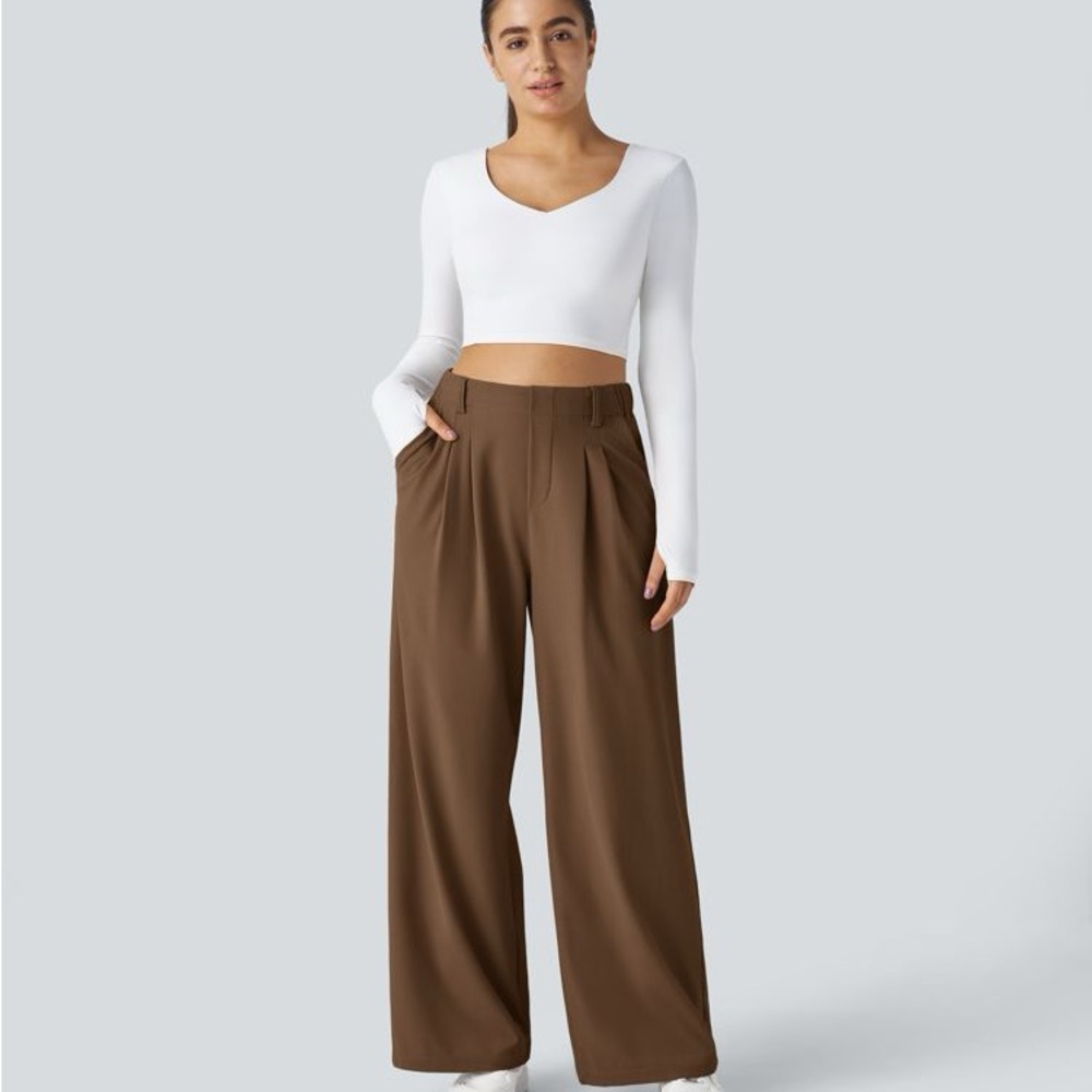 H32.- High Waisted Plicated Side Pocket Wide Leg Waffle Pants Size Large